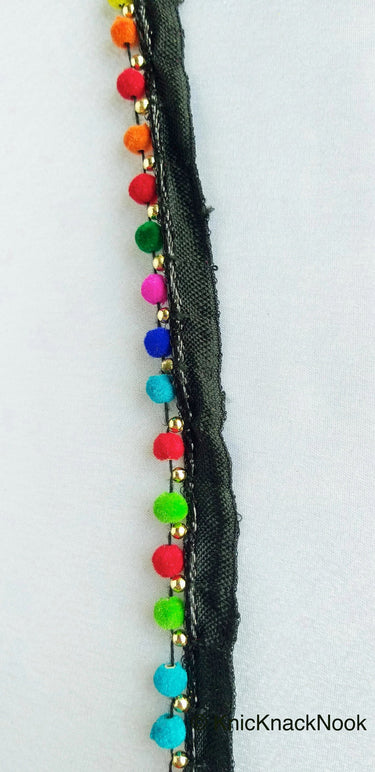 Multicoloured Velvet Beads With Black Cotton Trim, Fringe Trim, Approx. 16 mm wide - 210119L367